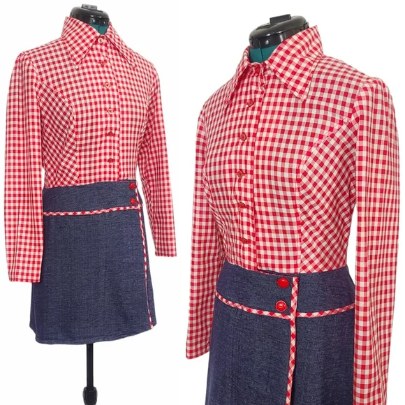 1960s Romper 1970s Jumpsuit Vintage Mini Dress Shorts Red White Blue Gingham - Picture 3 of 7